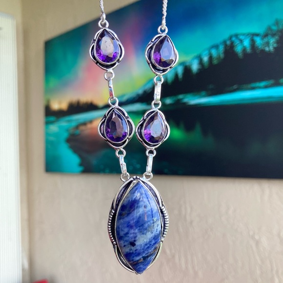 925 sterling silver overlay purple amethyst & blue sodalite stone boho necklace - Picture 12 of 15